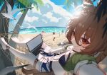  4girls agnes_tachyon_(lunatic_lab)_(umamusume) agnes_tachyon_(umamusume) ahoge animal_ears beach beach_volleyball bikini bird black_bikini black_hair blue_sky blush breasts brown_hair cleavage cloud commentary criss-cross_halter dantsu_flame_(umamusume) day ear_covers green_jacket hair_between_eyes halterneck highres horse_ears horse_girl horse_tail jacket jungle_pocket_(tobasuze_hot_summer!)_(umamusume) jungle_pocket_(umamusume) leather_wrist_straps long_hair manhattan_cafe_(umamusume) medium_breasts multiple_girls nanaken_(qijian23092715) navel ocean official_alternate_costume on_hammock open_clothes open_fly open_mouth open_shorts outdoors palm_tree pink_bikini playing_sports ponytail red_eyes seagull shorts sky smile solo_focus swimsuit tail tied_jacket torn_clothes torn_shorts tree umamusume volleyball_(sport) volleyball_net water wrist_straps yellow_bikini 