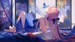  1girl absurdres architecture arm_support bare_shoulders barefoot blue_bow blue_butterfly bow breasts bug butterfly changli_(wuthering_waves) closed_eyes colored_extremities commentary east_asian_architecture english_commentary full_body hair_bow hair_ornament highres indoors knees_up large_breasts long_hair multicolored_hair parted_lips pink_hair red_hands ruoruoqiu solo streaked_hair white_hair wuthering_waves 