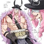  1boy arm_tattoo attacking_viewer bandages bandages_over_eyes black_gloves boots braid cape chest_tattoo commentary_request electricity full_body gloves hat highres horns korean_commentary leather leather_gloves loki_(one_piece) long_hair male_focus mlgdhh muscular muscular_male one_piece open_mouth pants purple_hair solo tattoo tongue tongue_out weapon 
