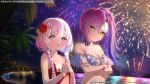  2girls :o aerial_fireworks arms_under_breasts assault_lily bangle bare_arms bare_shoulders bikini blue_bikini blue_choker blue_eyes blush bracelet braid breasts building choker cleavage closed_mouth commentary_request copyright_notice cross-laced_bikini cross-laced_clothes crossed_arms fireworks flower glint hair_between_eyes hair_flower hair_ornament hands_on_own_chest hands_up high_side_ponytail honma_akehi horizon jewelry long_bangs long_hair looking_ahead looking_at_another looking_to_the_side low_twin_braids low_twintails medium_breasts multi-strapped_bikini_top multiple_girls name_tag night ocean off-shoulder_bikini off_shoulder official_alternate_costume official_alternate_hairstyle official_art one-piece_swimsuit open_mouth outdoors own_hands_together palm_tree purple_flower purple_hair red_flower red_one-piece_swimsuit ribbon ribbon_choker school_swimsuit see-through_bikini see-through_clothes shiozaki_suzume short_sleeves side_ponytail sideways_glance smile swimsuit tojo_(natumi1412) tree twin_braids twintails upper_body water white_hair white_ribbon yellow_eyes 