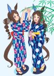  2girls :d admire_vega's_twin_sister_(umamusume) admire_vega_(umamusume) agepan._(pangcha3324) alternate_costume animal_ears bamboo blue_kimono brown_hair closed_mouth commentary_request ear_covers floral_print floral_print_kimono full_body hair_ribbon highres holding holding_tanzaku horse_ears horse_girl horse_tail japanese_clothes kimono long_hair long_sleeves multiple_girls obi open_mouth print_kimono purple_eyes red_sash ribbon sandals sash shirt siblings single_ear_cover sisters smile standing tail tanabata tanzaku twins umamusume underwear white_ribbon white_shirt yellow_sash zouri 