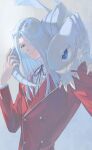  1boy blue-eyes_toon_dragon blue-eyes_white_dragon blue_eyes commentary_request dragon dragon_tail dragon_wings duel_monster grey_hair hair_over_one_eye jacket long_sleeves looking_at_another male_focus medium_hair pegasus_j_crawford re_(pixiv_89203939) red_jacket smile solo tail wings yu-gi-oh! yu-gi-oh!_duel_monsters 