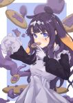  1girl absurdres commentary cookie eating english_commentary food food_on_face gloves headband highres hololive hololive_english kenney_q11 long_hair multicolored_hair ninomae_ina'nis ninomae_ina'nis_(pastry_chef) pointy_ears purple_eyes purple_hair simple_background solo takodachi_(ninomae_ina'nis) virtual_youtuber white_gloves 