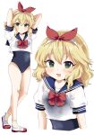  1girl armpits arms_behind_head arms_up blonde_hair blue_sailor_collar bow bowtie breasts check_commentary commentary_request covered_navel green_eyes hair_bow highres idolmaster idolmaster_cinderella_girls looking_at_viewer multiple_views petite remiri_nicoeli sailor_collar sakurai_momoka see-through_clothes shirt short_hair short_sleeves simple_background small_breasts socks swimsuit swimsuit_under_clothes white_background white_shirt 