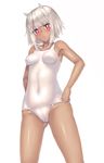  bad_id bad_nicoseiga_id bare_shoulders blush breasts cameltoe covered_navel covered_nipples cowboy_shot dark_skin hands_on_hips highres horns impossible_clothes impossible_swimsuit looking_at_viewer one-piece_swimsuit original red_eyes school_swimsuit short_hair simple_background small_breasts solo swimsuit wataru_(zazazazazazawa) white_background white_hair white_school_swimsuit white_swimsuit 