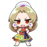  1girl :d barefoot blonde_hair chibi chibi_only chinese_commentary commentary full_body hair_ornament long_hair lowres magatama open_mouth parted_bangs red_eyes red_vest renren_(ah_renren) shirt short_sleeves simple_background skirt smile solo tamatsukuri_misumaru touhou v-shaped_eyebrows vest white_background white_shirt yellow_skirt 