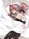  2girls bare_shoulders bed blanket chiyoda_momo commentary_request crying highres long_hair lying machikado_mazoku multiple_girls pillow red_hair sweat tears wrist_cuffs xkylssuqsc78381 yellow_eyes yoshida_yuuko 