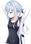  1girl adjusting_hair armpits arms_behind_back arms_up averting_eyes belt black_belt black_one-piece_swimsuit blue_eyes blue_hair blue_sailor_collar blush breasts collarbone commentary_request covered_navel crossed_bangs double-parted_bangs dress_shirt fathom hair_between_eyes hibiki_(kancolle) highres kantai_collection long_hair long_sidelocks long_sleeves old_school_swimsuit one-piece_swimsuit open_belt open_clothes open_shirt parted_lips sailor_collar sailor_shirt school_swimsuit shirt sidelocks simple_background small_breasts solo swimsuit swimsuit_under_clothes upper_body verniy_(kancolle) white_background white_shirt 