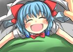 bed_sheet blue_hair bow cirno commentary gaoo_(frpjx283) hair_bow hug looking_at_viewer pov red_bow smile touhou wings 
