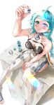  1girl absurdres ahoge arm_up bare_shoulders blue_eyes blue_hair blush braid breasts closed_mouth clothing_cutout collarbone commentary feet gloves hair_ornament highres holding long_hair looking_at_object puvgbfibuk89182 see-through_clothes seed_(zenless_zone_zero) side_cutout simple_background smile solo suit thigh_cutout toeless_legwear toes white_background white_suit zenless_zone_zero 