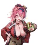  1girl absurdres apron blance blue_bow bow breasts brown_apron collarbone commentary food goddess_of_victory:_nikke hair_bow hair_intakes highres holding holding_tray huge_breasts japanese_clothes jewelry kimono long_hair long_sleeves looking_at_viewer maid mast_(nikke) mast_(romantic_maid)_(tea_service)_(nikke) necklace official_alternate_costume open_mouth pink_eyes pink_hair ponytail red_kimono simple_background solo sparkle tray wa_maid white_background 