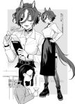  2girls animal_ears border choker cocktail_glass commentary_request cup dated drink drinking_glass ear_ornament eyepatch female_trainer_(umamusume) glasses greyscale hair_over_one_eye hand_on_own_hip holding holding_drink holding_notepad horse_ears horse_girl horse_tail hurutoriouna long_skirt monochrome multicolored_hair multiple_girls notepad original outside_border shirt shirt_tucked_in shoes short_hair side_slit skirt streaked_hair tail tanino_gimlet_(umamusume) thighhighs trainer_(umamusume) translation_request umamusume watermark white_border white_shirt 