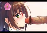  1girl bad_id bad_pixiv_id blush brown_hair censored chromatic_aberration fellatio flower glasses green_eyes hair_flower hair_ornament hetero idolmaster idolmaster_cinderella_girls letterboxed maekawa_miku oral penis quality saliva solo_focus umihotaru_harumare veins veiny_penis 