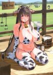  1girl absurdres animal_ears animal_print arm_support bare_shoulders bell bikini birdking_(king33) blurry blurry_background bottle breasts brown_eyes brown_hair cleavage collarbone commentary_request cow cow_ears cow_horns cow_print cow_print_bikini cow_print_gloves cow_print_thighhighs cow_tail cowbell drooling ear_tag elbow_gloves fake_animal_ears fake_horns fake_tail fence gloves grass hay highres holding holding_bottle horns huge_breasts long_hair looking_at_viewer midriff milk_bottle navel no_shoes open_mouth original outdoors pouring pouring_onto_self print_bikini print_gloves print_thighhighs sexually_suggestive side-tie_bikini_bottom sideboob sitting skindentation solo spilled_milk stomach suggestive_fluid swimsuit tail thighhighs thighs underboob very_long_hair wariza wooden_fence 