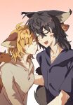  1boy 1girl 24-hour_relay ahoge animal_ears black_hair black_shirt blush_stickers breasts brother_and_sister cat_boy cat_ears cat_girl cat_tail cheek-to-cheek chinese_commentary closed_eyes commentary_request ear_tufts family_bonding grey_shirt hair_between_eyes halftone halftone_background hawkfrost heads_together highres long_hair medium_breasts mothwing nuzzle personification shirt short_hair short_sleeves siblings single_blush_sticker tail textless_version the_new_prophecy u_u variant_set warrior_cats wending_fahui 