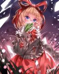  1girl absurdres back_bow blonde_hair blue_eyes bow brown_shirt chinese_commentary commentary_request flower hair_ribbon highres holding holding_flower lily_of_the_valley long_sleeves looking_at_viewer medicine_melancholy medium_hair red_ribbon red_skirt ribbon ribbon-trimmed_shirt ribbon-trimmed_skirt ribbon_trim shirt signature skirt sleeves_past_fingers sleeves_past_wrists solo top-exerou touhou white_bow white_flower 