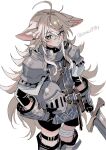  1boy ahoge androgynous animal_ears armor bandaged_leg bandages belt blush carrying carrying_under_arm expressionless extra_ears feet_out_of_frame from_side gauntlets greatsword grey_eyes grey_hair helmet highres holding holding_sword holding_weapon knight leather_strap leg_armor long_hair looking_at_viewer messy_hair original pauldrons shoulder_armor solo suzaku_(zaku6584) sword thigh_strap twitter_username unworn_headwear unworn_helmet weapon white_background 