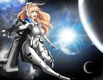  :d blonde_hair blue_eyes commentary covered_navel gloves long_hair machinery macline open_mouth personification planet shoulder_pads skin_tight smile space spacesuit star_citizen 