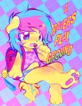  1girl 2000s_(style) 4lung animal_ears animal_feet animal_nose backpack bag bow_camisole camisole candy colored_tongue commentary crime_prevention_buzzer dog_ears dog_girl dog_tail english_commentary english_text fang faux_retro_artstyle food four_lung full_body furry furry_female highres holding holding_candy holding_food holding_lollipop invisible_chair lollipop lottie_(gravyalloverhim) multicolored_hair open_mouth panties pawpads polka_dot_camisole purple_camisole purple_eyes purple_tongue raccoon_tails_(hairstyle) randoseru raver scene_cut scene_fashion second-party_source sitting solo striped_clothes striped_panties tail two-tone_hair underwear yellow_fur 