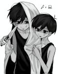  2boys anger_vein antenna_hair black_tank_top blanket collarbone commentary corrupted_twitter_file double-parted_bangs hair_between_eyes highres holding holding_blanket holding_knife knife looking_at_another male_focus multiple_boys omori omori_(omori) omoriboy parted_lips tank_top tatsugori_0610 untranslatable_commentary white_background 