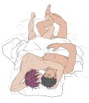  2boys arm_around_neck bare_pectorals bird's_eye_view black_hair closed_eyes commentary_request free! from_above intertwined_legs lying male_focus matsuoka_rin multiple_boys nude okii_(oh_ki_ik) on_back on_stomach parted_bangs parted_lips pectorals pillow purple_hair short_hair simple_background under_covers white_background yamazaki_sousuke yaoi 