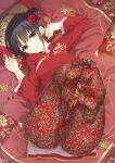  1girl absurdres adapted_costume ass bad_id bad_pixiv_id bed_sheet black_hair blush breasts cafe_stella_to_shinigami_no_chou china_dress chinese_clothes clenched_hands dress earrings eyelashes feet floral_print floral_print_pantyhose flower from_above full_body furrowed_brow hair_between_eyes hair_bun hair_flower hair_ornament haku89 hands_up head_on_pillow head_tilt highres jewelry legs legs_up long_sleeves looking_at_viewer lying medium_breasts mole mole_under_eye no_shoes official_alternate_costume official_alternate_hairstyle on_back open_mouth pantyhose piercing pillow print_pantyhose red_dress red_flower red_pantyhose shiki_natsume shiny_skin short_dress sidelocks soles solo stud_earrings thigh_gap thighs toes variant_set yellow_eyes 