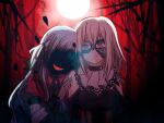  2girls ascot bang_dream! bang_dream!_it's_mygo!!!!! black_ascot black_gloves black_mask black_ribbon blonde_hair braid brooch clothing_cutout commentary_request doloris_(bang_dream!) gloves hair_ribbon highres jewelry long_hair mask masquerade_mask medium_hair misumi_uika multiple_girls oblivionis_(bang_dream!) open_mouth puffy_short_sleeves puffy_sleeves purple_eyes red_shirt ribbon seine_(hanamukes) shirt short_sleeves shoulder_cutout smile togawa_sakiko 