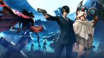  1boy 1girl 3d animal_hood asymmetrical_legwear black_hair black_jacket black_necktie black_pants black_suit brown_eyes capelet clawed_gauntlets cloak closed_mouth collared_shirt commentary copyright_name cowboy_shot dirge_of_cerberus:_final_fantasy_vii english_commentary final_fantasy final_fantasy_vii final_fantasy_vii:_ever_crisis fingerless_gloves gloves grey_shorts gun hair_between_eyes handgun headband highres holding holding_gun holding_shuriken holding_weapon hood hood_up hooded_capelet jacket long_hair loose_socks moogle necktie official_alternate_costume official_art official_wallpaper open_mouth orange_gloves orange_shoes pants red_cloak red_eyes ribbed_socks shirt shoes short_hair shorts shuriken single_fishnet_legwear smile socks square_enix standing standing_on_one_leg suit tie_clip vincent_valentine weapon white_shirt yuffie_kisaragi yuffie_kisaragi_(moogle_hat_&amp;_cape) 