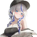  1girl :| absurdres andud_14_(yh) aokumo_rin black_one-piece_swimsuit blue_eyes blue_streaks blush braid braided_twintails breasts cleavage closed_mouth colored_eyelashes commentary_request from_side highres jacket jacket_partially_removed korean_commentary large_breasts long_hair looking_at_viewer looking_to_the_side multicolored_hair one-piece_swimsuit simple_background solo stellive streaked_hair swept_bangs swimsuit turning_head upper_body virtual_youtuber white_background white_eyelashes white_jacket 