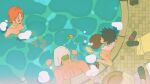  1girl 2boys bare_shoulders bath bathing black_hair breasts collarbone commentary eating from_above green_eyes green_hair hat lixiangqian looking_at_another mixed-sex_bathing monkey_d._luffy multiple_boys nami_(one_piece) nude one_piece open_mouth orange_hair partially_submerged roronoa_zoro rubber_duck sandals shared_bathing straw_hat straw_hat_pirates towel towel_around_neck towel_on_head unworn_hat unworn_headwear unworn_sandals water 