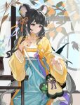  1girl absurdres animal_ear_piercing animal_ears bag black_hair blue_eyes bracelet braid chinese_clothes chinese_commentary chinese_knot choker closed_mouth commentary_request flower food fruit green_nails grey_eyes hanfu highres jacket jewelry long_hair long_sleeves mouse_ears nail_polish original persimmon persimmon_tree qixiong_ruqun shoulder_bag skirt smile solo table tassel vase very_long_hair wavy_hair zhizhi_maoning 
