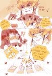  !? 1boy 1girl black_hair blonde_hair blush card carly_nagisa earrings emphasis_lines heart hetero holding holding_card jack_atlas jewelry long_hair marriage_proposal nomae.jie open_mouth smile speech_bubble sweatdrop yu-gi-oh! yu-gi-oh!_5d's 