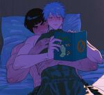  2boys absurdres bare_shoulders black_hair black_pants black_shirt blunt_bangs blush book bowl_cut commentary_request cross_scar grey_hair hair_between_eyes hatake_kakashi highres holding holding_book hug hug_from_behind intelli_intel korean_commentary lying male_focus might_guy mole mole_under_mouth multiple_boys multiple_scars muscular muscular_male naruto_(series) on_back on_bed one_eye_closed pale_skin pants pillow reading scar scar_across_eye scar_on_face scars_all_over shirt short_hair sleeveless sleeveless_shirt spiked_hair sweat tan thick_eyebrows topless_male upper_body yaoi 
