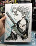  1boy aqua_eyes art_tools_in_frame artist's_hand_in_frame bleach closed_mouth collarbone commentary cropped_torso english_commentary highres hitsugaya_toushirou male_focus marker_(medium) photo_(medium) signature solo spiked_hair stanley_lau sword sword_on_back traditional_media turning_head weapon weapon_on_back white_hair 