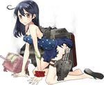  @_@ ahoge all_fours bad_anatomy barefoot bent_over black_hair blush breasts broken brown_eyes cannon drew_(drew213g) flip-flops full_body kantai_collection long_hair looking_at_viewer machinery medium_breasts official_art polka_dot polka_dot_swimsuit sandals shoes single_shoe skirt smoke solo swimsuit tears torn_clothes torpedo transparent_background ushio_(kantai_collection) 