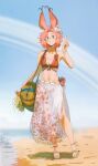  absurdres alt_text animal_ears arm_at_side bag beach bikini blue_eyes blue_sky breasts brown_bag brown_sandals commentary contrapposto day english_commentary felt_(spindle_(aidenr0)) full_body grin hand_up highres horizon looking_at_viewer medium_breasts navel ocean original outdoors pink_hair planetary_ring print_sarong rabbit_ears red_bikini sandals sarong see-through_clothes see-through_sarong short_hair shoulder_bag sky smile spindle_(aidenr0) standing stomach swimsuit v white_sarong 
