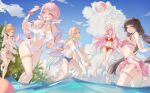  5girls absurdres aemeath_(wuthering_waves) alternate_costume alternate_hairstyle armpits arms_up ball beachball bikini bikini_skirt black_hair blonde_hair blue_eyes blue_sky blush body_markings breasts chigusa7h chisa_(peach_parfait)_(wuthering_waves) chisa_(wuthering_waves) collarbone commentary day denia_(wuthering_waves) denim denim_shorts earrings english_commentary frilled_bikini frills highres holding holding_water_gun jewelry long_hair looking_at_another lynae_(peppermint)_(wuthering_waves) lynae_(wuthering_waves) medium_breasts multicolored_hair multiple_girls navel open_mouth orange_hair outdoors pink_bikini pink_eyes pink_hair pink_skirt plaid_bikini plaid_clothes red_bikini shirt shorts sigrika_(wuthering_waves) skirt sky smile stomach swimsuit thighs twintails very_long_hair volleyball_(object) water_gun white_bikini white_shirt wuthering_waves 
