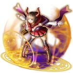  1girl artist_request black_thighhighs black_trim boots brown_hair capelet commentary demon_horns english_commentary frilled_skirt frills full_body game_asset gold_trim grand_summoners hood hooded_capelet horns knee_boots legs_apart leone_(grand_summoners) long_sleeves magic magic_circle official_art open_mouth outstretched_arms pouch purple_trim red_boots red_capelet red_eyes red_skirt simple_background skirt solo standing thighhighs third-party_source transparent_background witch 