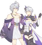  2boys ahoge black_boots black_gloves black_shorts black_shrug blue_eyes boots coat color_connection corset cosplay crossdressing crossdressing_(mtf) cyrene_(honkai:_star_rail) cyrene_(honkai:_star_rail)_(cosplay) cyrene_(philia093)_(honkai:_star_rail) dress elysia_(honkai_impact) elysia_(honkai_impact)_(cosplay) elysia_(miss_pink_elf)_(honkai_impact) gloves hair_color_connection hair_ornament highres hino_satoshi honkai:_star_rail honkai_(series) honkai_impact_3rd in-franchise_crossover jewelry kevin_kaslana male_focus multiple_boys necklace ning_ningnin pectoral_cleavage pectorals phainon_(honkai:_star_rail) purple_coat short_hair short_shorts shorts shrug_(clothing) simple_background voice_actor_connection white_background white_corset white_dress white_hair 