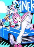  absurdres ahoge bloomers blue-chan_(bourbunbun) blue_eyeliner blue_eyes blue_hair bourbunbun breasts car colored_eyelashes colored_mouth colored_skin commentary creature diner double_bun english_commentary eyeliner fast_food gloves hair_bun hair_ornament hairclip halftone headband heart heart_ahoge highres large_breasts looking_at_viewer makeup motor_vehicle multicolored_hair on_car original pink_eyes pink_hair pink_top polka_dot_border roller_skates short_eyebrows skates smile striped_clothes two-tone_hair waitress white_bloomers white_skin 