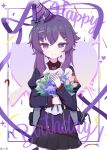  1girl artist_name black_necktie black_skirt blue_archive bouquet commentary_request cowboy_shot happy_birthday haruka_(blue_archive) hat highres holding holding_bouquet jacket looking_at_viewer medium_hair muxiaomo necktie party_hat purple_eyes purple_hair purple_hat purple_jacket purple_ribbon red_shirt ribbon shirt skirt smile solo sparkle tears 