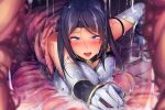  1girl :d bare_shoulders black_hair blue_eyes blush bodysuit breasts elbow_gloves game_asset gloves gold_trim grabbed_by_tentacles headband huge_breasts impossible_bodysuit impossible_clothes kongeraatio long_hair looking_at_viewer non-web_source nose_blush open_mouth self-datamine senjuin_ayano slime_(substance) smile solo taimashi_ayano tentacle_pit tentacles variant_set visual_novel_cg vore white_gloves 