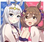  2girls ahoge animal_ears blue_eyes blush bodice bow breasts brown_eyes brown_hair character_name choker collarbone commentary_request corset cropped_jacket ear_ornament grey_hair hair_between_eyes hair_bow hair_ornament hairband heart highres holding_hands horse_ears horse_girl jacket long_hair looking_at_viewer mgr3na2sup_6 multicolored_hair multiple_girls multiple_hair_bows oguri_cap_(umamusume) open_mouth pendant_choker pink_bow purple_bow purple_choker red_corset shirt smart_falcon_(umamusume) smile starting_future_(umamusume) twintails umamusume upper_body white_jacket wristband yellow_bow 