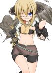 1girl animal_on_arm bike_shorts bird bird_on_arm black_gloves black_horns black_shorts blonde_hair blue_eyes blush breasts brown_shirt brown_skirt closed_mouth commentary_request cowboy_shot crop_top elbow_gloves fingerless_gloves glasses gloves hawk horns hunter_(ragnarok_online) long_hair looking_at_viewer medium_breasts midriff miniskirt morino_donguri navel one_eye_closed pince-nez pointing pointing_at_viewer ragnarok_online shirt shorts shorts_under_skirt simple_background skirt solo white_background 