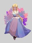  1girl aqua_eyes black_shoes blonde_hair breasts commentary_request dress earrings finger_to_mouth flower full_body gold_earrings grey_background highres holding_own_dress jewelry leaftin long_dress long_hair long_pointy_ears looking_at_viewer medium_breasts parted_bangs pink_flower pointy_ears princess_zelda puffy_short_sleeves puffy_sleeves shoes short_sleeves sidelocks solo the_legend_of_zelda the_legend_of_zelda:_a_link_to_the_past white_dress 
