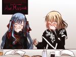  2girls bang_dream! bang_dream!_it's_mygo!!!!! black_capelet black_dress blonde_hair blue_hair blush bow bowtie capelet chopsticks closed_eyes commentary_request copyright_name dress hair_between_eyes highres holding holding_chopsticks long_hair long_sleeves medium_hair misumi_uika multiple_girls photo-referenced red_bow red_bowtie sasaki_rico seine_(hanamukes) sidelocks smile takao_kanon togawa_sakiko two_side_up voice_actor_connection 