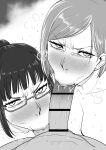  1boy 2girls :>= absurdres angry_sex bar_censor blush breasts censored cleavage collarbone commentary_request completely_nude cooperative_fellatio fellatio ffm_threesome furrowed_brow glasses greyscale group_sex hetero high_ponytail highres jujutsu_kaisen kaiman_garupan kugisaki_nobara large_breasts monochrome multiple_girls nose_blush nude oral penis ponytail pov pov_crotch saliva saliva_on_penis short_hair side_part sweat teamwork_(sexual) testicle_sucking threesome v-shaped_eyebrows very_sweaty white_background zen'in_maki 