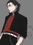  1boy belly_chain belt black_jacket black_pants brown_hair closed_mouth commentary_request cropped_jacket eren_yeager gakuran green_eyes grey_background hair_bun half_updo hand_in_pocket highres jacket jewelry male_focus pants peanuts261912 red_shirt school_uniform shingeki_no_kyojin shirt shirt_tucked_in short_hair solo twitter_username upper_body white_belt 