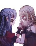  2girls bang_dream! bang_dream!_it's_mygo!!!!! black_gloves black_mask black_ribbon blonde_hair blue_hair breasts brown_corset clothing_cutout commentary_request corset doloris_(bang_dream!) eye_contact gloves hair_ribbon hands_on_another's_cheeks hands_on_another's_face highres long_hair looking_at_another mask masquerade_mask medium_breasts medium_hair misumi_uika multiple_girls oblivionis_(bang_dream!) puffy_short_sleeves puffy_sleeves purple_eyes red_shirt ribbon seine_(hanamukes) shirt short_sleeves shoulder_cutout sidelocks simple_background togawa_sakiko upper_body white_background yellow_eyes yuri 