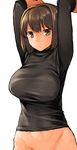  aaru_(tenrake_chaya) arms_up breasts brown_eyes brown_hair hyuuga_(kantai_collection) kantai_collection large_breasts long_sleeves looking_at_viewer out-of-frame_censoring short_hair simple_background solo upper_body white_background 